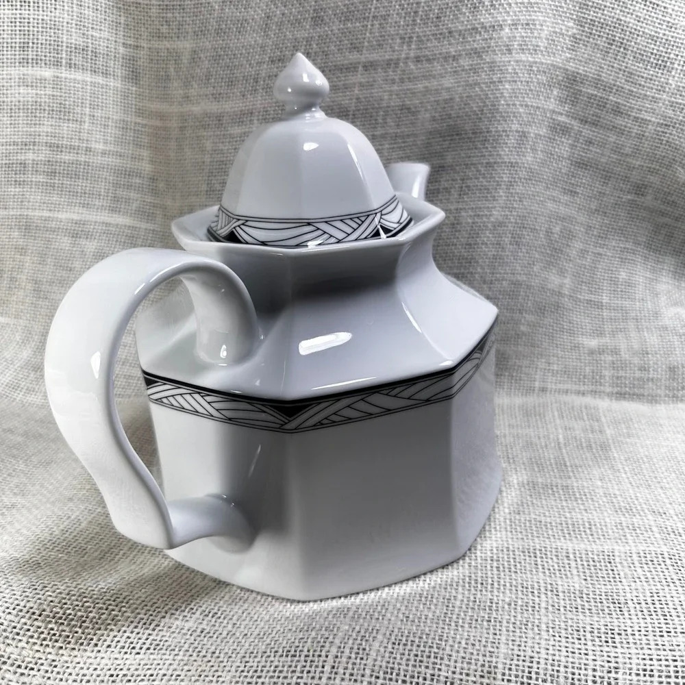 Studio Nova Synthesis Y0031 Teapot White Octagonal Art Deco Black Trim Porcelain